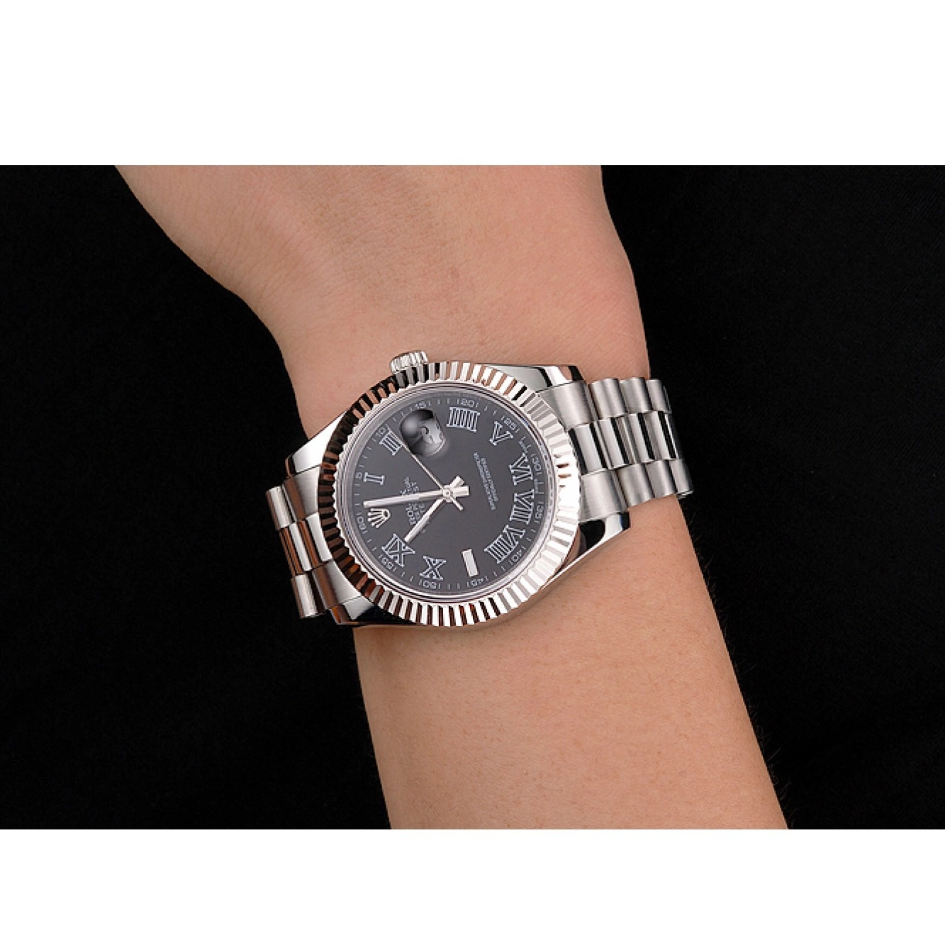 Aaa replica watch Roman Black Datejust Rolex Steel And Stainless Dial Swiss Bracelet Numerals Case 0527